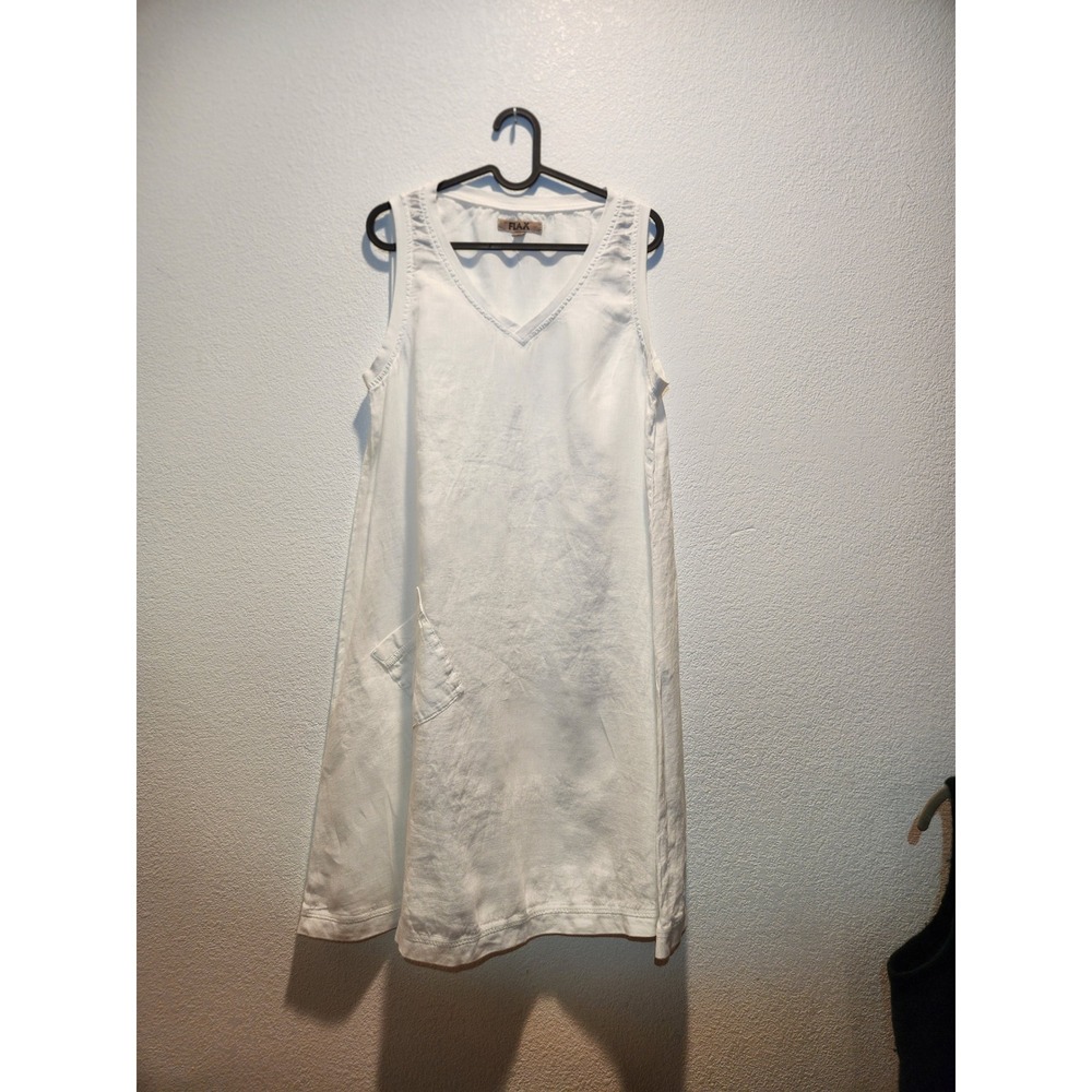 NWOT FLAX Linen Blend Sleeveless V Neck Pocket‎ Dress White  S Made in Lithuania